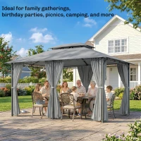 Outsunny 10' x 13' Outdoor Soft Top Gazebo Pergola with Curtains, 2-Tier Steel Frame Gazebo for Patio, Sage Gray(m-6)
