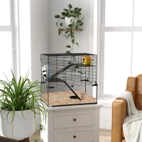 PawHut Hamster Cage, Gerbil Cage with Glass Basin for Small Hamsters, Black(m-1)