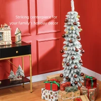 HOMCOM 5' Tall Unlit Slim Pencil Xmas Tree, Snow-Flocked Artificial Christmas Tree with Realistic Branches and 301 Tips, Green(m-4)