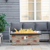 Outsunny 48 Inch Outdoor Propane Gas Fire Pit Table, 50,000 BTU Auto-Ignition Rectangular Faux Ledge Stone Gas Firepit with Lava Rocks and Rain Cover, CSA Certification, Brown(m-10)