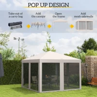Outsunny 10' x 10' Pop Up Canopy Tent Gazebo, Foldable Canopy Tent with Zipper Mesh Sidewalls and Carry Bag, Easy Setup Screen Shelter for Backyard Patio Outdoor, Beige(m-4)