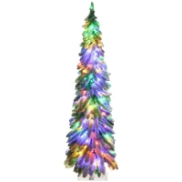 HOMCOM 5' Artificial Slim Christmas Trees, with Snow Frosted Branches, Warm White or Colorful LED Lights, Downswept Shape(m-1)