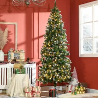 HOMCOM 7.5' Decorated Christmas Trees, Skinny Prelit Artificial Christmas Tree with Snow-dipped Branches, Auto Open, Pinecones(m-1)