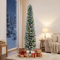 HOMCOM 6ft Pencil Prelit Christmas Tree, Dual Color LEDs, Flocked, Remote, Slim Xmas Tree with 11 Modes, Green White(m-2)