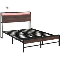 HOMCOM Full Size Bed Frame with LED Lights and Charging Station, Full Bed Frame with Storage Headboard, Noise-Free, Walnut(m-9)