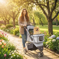 PawHut 3 Wheels Foldable Dog Stroller with Storage Basket, Adjustable Canopy, Cupholder for Miniature and Small Dogs, Grey(m-1)