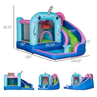 Outsunny 5-in-1 Inflatable Water Slide, Narwhal Theme Bounce House with Climbing Wall, Water Cannon, Water Pool, Trampoline, Repair Patch and 450W Air Blower(m-4)
