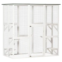 PawHut Outdoor Cat House Big Catio Wooden Feral Cat Shelter Enclosure with Large Spacious Interior, 6 High Ledges, Weather Protection Asphalt Roof, 71" L, White(m-1)