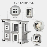 PawHut 2-Tier Cat House, Outdoor Feral Cat Shelter, with Weather Resistant Roof, Escape Door, PVC Curtain, Glass Window, Grey(m-4)
