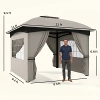 Outsunny 11' x 11' Outdoor Gazebo, Double Roof Patio Gazebo with Curtains, Church Windows, Galvanized Steel Frame, Light Gray(m-3)
