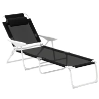 Outsunny Folding Chaise Lounge, Outdoor Sun Tanning Chair, 4-Position Reclining Back, Armrests, Removable Pillow, Black(m-11)