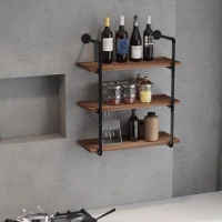 HOMCOM 3-Tier Industrial Pipe Shelves, Floating Wall Mounted Bookshelf, Metal Frame Display Rack for Living Room or Bedroom, Rustic Brown(m-2)