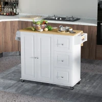 HOMCOM Kitchen Island with Drop Leaf, Rolling Kitchen Cart on Wheels with 3 Drawers, Cabinet, Natural Wood Top, Spice Rack and Towel Rack, White(m-11)