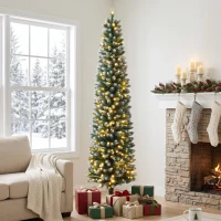 HOMCOM 8ft Pencil Prelit Christmas Tree, Dual Color LEDs, Flocked, Remote, Slim Xmas Tree with 11 Modes, Green White(m-10)