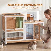 PawHut Wooden Rabbit Hutch, Indoor Bunny Cage with Wheels, Pull Out Trays, Run, Yellow(m-5)