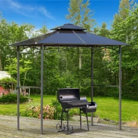 Outsunny 8' x 5' Barbecue Grill Gazebo Tent, Outdoor BBQ Canopy with Side Shelves, and Double Layer PC Roof, Brown(m-2)