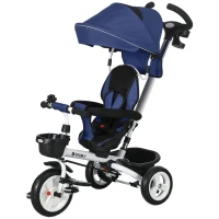 Qaba 6 in 1 Toddler Tricycle with Parent Push Handle, Canopy, Storage Baskets, Cupholder, Dark Blue(m-2)