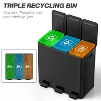 HOMCOM Garbage Bin, Soft-Close Trash Can with Foot Pedal, 3x5 Gallon (3x20 L) Garbage Can with Removable Inner Buckets, Black(m-4)