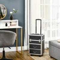 HOMCOM Aluminum Rolling Makeup Train Case, Portable Professional Cosmetic Makeup Case, Lockable Traveling Cart Trunk with Folding Trays, Swivel Wheels and Keys, Black(m-1)