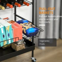 HOMCOM Rolling Kitchen Cart, 3-Tier Utility Storage Trolley with Wine Rack, Mesh Drawer and Side Hooks for Dining Room, Black/Natural(m-7)