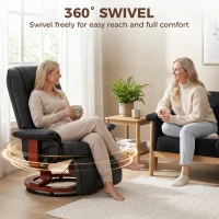 HOMCOM Swivel Recliner Chair, PU Leather Reclining Armchair with Retractable Footrest, Lounge Chair with Wood Base and Adjustable High Back for Small Spaces, Living Room, RV, Bedroom,  Black(m-5)