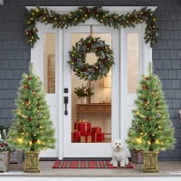 HOMCOM 4ft Pre-Lit Artificial Christmas Tree Set of 2, Xmas Pine Trees, Dual Colors, Remote, Green(m-9)