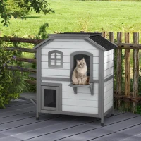 PawHut Wooden 2-Story Outdoor Cat House, Feral Cat Shelter Kitten Condo with Openable Asphalt Roof and 4 Platforms, White(m-12)