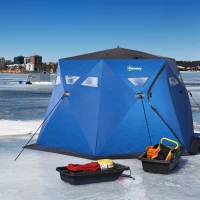 Outsunny 4 Person Insulated Pop-Up Ice Fishing Shelter, 360-Degree View, Portable Ice Fishing Tent Shanty with Carry Bag, Two Doors and Anchors for Low-Temp -22℉, Dark Blue(m-10)