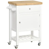 HOMCOM Utility Kitchen Cart, Rolling Kitchen Island with Smooth Rubberwood Top, Narrow Butcher Block Surface on Wheels with Storage Drawer & Cabinet, White(m-1)