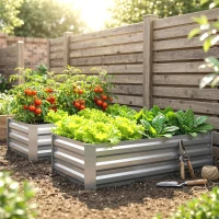 Outsunny Set of 2 Galvanized Raised Beds for Garden, Outdoor Planter Box for Flowers, Herbs and Vegetables, Light Grey(m-1)