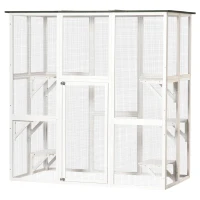 PawHut Outdoor Cat House Big Catio Wooden Feral Cat Shelter Enclosure with Large Spacious Interior, 6 High Ledges, Weather Protection Asphalt Roof, 71" L, White(m-11)