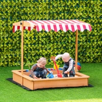 Outsunny Kids Wooden Sandbox with Adjustable Height Cover and Toy Bin Storage, Children Sand Play Station Outdoor, Bottom Liner(m-10)