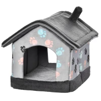 PawHut Heated Cat House Condo, Foldable Enclosed Pet House with Heating Pad for Cats or Small Dogs, Use for Indoor & Outdoor Paw Print Pattern(m-11)