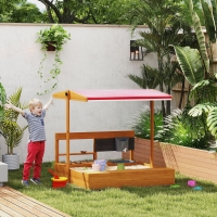 Outsunny Kids Sandbox with Cover Kitchen Playset Toys, Wooden Sand Box with Seat, Storage, for 3-7 Years Old, Red