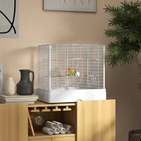 PawHut 22" Bird Cage for Budgie Finches Canaries Love Birds with Wooden Stands, Slide-Out Tray, Handles, Food Containers, White(m-1)