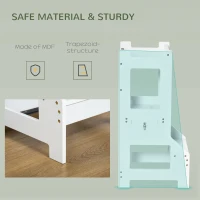 Qaba 2-in-1 Kids Kitchen Helper Step Stool, Detachable Toddler Table and Chair Set, Children Standing Tower for Kitchen Counter with Safety Rail Chalkboard, White(m-5)