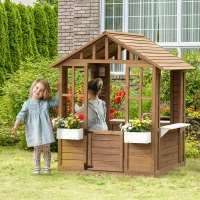 Outsunny Kids Wooden Playhouse, Outdoor Garden Games Cottage with Flowers Pot Holder, Working Door, Windows, Brown(m-2)