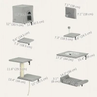 PawHut Cat Wall Shelves Set of 7, Shelves and Perches with House, Sisal Post Ladder, Bed & Ball, Grey(m-3)
