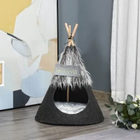 PawHut Pet Teepee Tent Cat Bed Dog House with Thick Cushion Chalkboard for Kitten and Puppy up to 13lbs 28inch Grey(m-10)