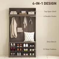HOMCOM 4-In-1 Hall Tree with Bench and Shoe Storage, Farmhouse Coat Rack Shoe Bench with 12 Shoe Cubbies, 6 Hooks, Dark Brown(m-4)