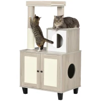 PawHut Cat Litter Box Enclosure Furniture with Cat Tree, Hidden Litter Box with Scratching Post, Bed, Modern Cat House Indoor, Gray(m-1)