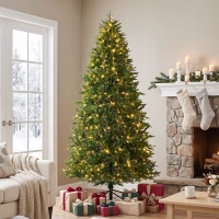 HOMCOM 7.5ft Prelit Christmas Tree with Dual-Color LEDs, All Realistic Tips, Hinged Xmas Nordmann Fir with 11 Modes, Remote(m-10)