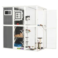 PawHut Catio Outdoor Cat Enclosure Large Cat House Outdoor Wooden Walk-in Kitten Feral Cat Shelter, for Multiple Cats with 7 Perches, Door, Cat Condo and Weather Protection Roof, 66.5" L, Gray(m-1)
