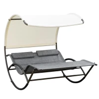 Outsunny Outdoor Double Chaise Rocking Chair, Day Bed Sun Lounger with Canopy Shade, Headrest Pillow, Armrests for Garden, Poolside, Light Gray(m-11)