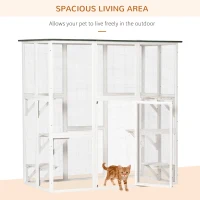 PawHut Outdoor Cat House Big Catio Wooden Feral Cat Shelter Enclosure with Large Spacious Interior, 6 High Ledges, Weather Protection Asphalt Roof, 71" L, White(m-8)
