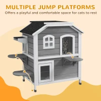 PawHut 2-story Cat House Outdoor, Weatherproof Wooden Cat Enclosure for Feral Cats with Escape Door, Openable Roof, Jumping Platforms, Gray(m-8)