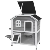 PawHut 2-story Cat House Outdoor, Weatherproof Wooden Cat Enclosure for Feral Cats with Escape Door, Openable Roof, Jumping Platforms, Gray(m-13)