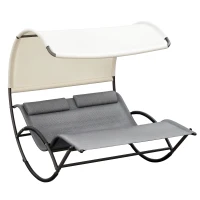 Outsunny Outdoor Double Chaise Rocking Chair, Day Bed Sun Lounger with Canopy Shade, Headrest Pillow, Armrests for Garden, Poolside, Light Gray(m-1)