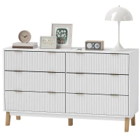 HOMCOM 6 Drawer Double Dresser for Bedroom, Fluted Chest of Drawers with Gold Finger Pulls and 5 Wood Legs, White(m-1)
