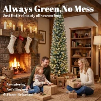 HOMCOM 7ft Pencil Prelit Christmas Tree, Dual Color LEDs, Flocked, Remote, Slim Xmas Tree with 11 Modes, Green White(m-4)